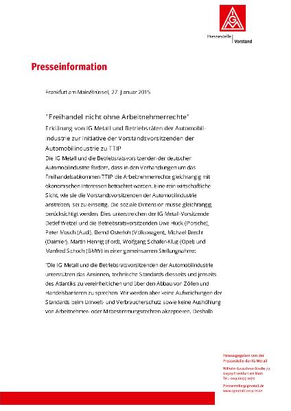 2015 1 27 Presseinformation Arbeitnehmerrechte statt Freihandelsabkommen