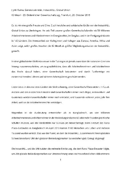 Jyrki Raina, Generalsekretär, IndustriALL Global Union: Grußwort auf dem 23. Ordentlichen Gewerkschaftstag der IG Metall, Frankfurt, 20. Oktober 2015