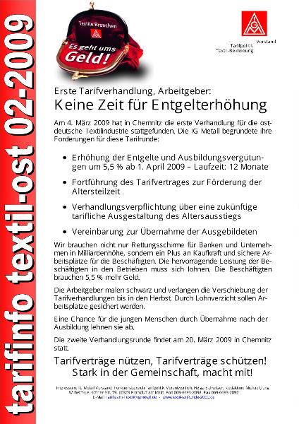 Erste Tarifverhandlung, Arbeitgeber: Keine Zeit für Entgelterhöhung; tarifinfo textil-ost 2-2009
