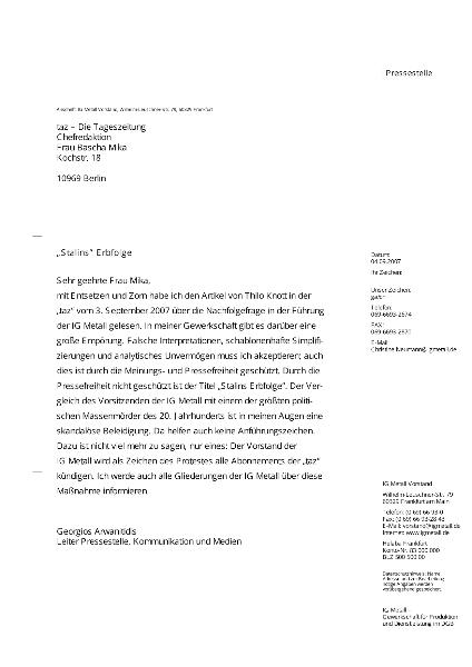 Pressestelle Protestbrief an die TAZ 04.09.2007