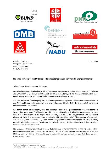 Für einen wirkungsvollen EU-Energieeffizienzaktionsplan und verbindliche Energieeinsparziele, Schreiben an EU-Kommissar Oettinger