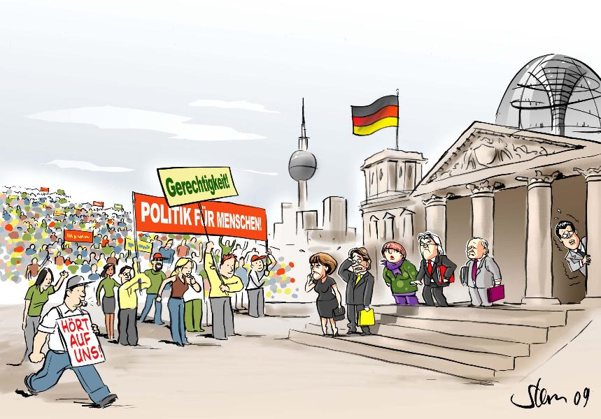 Karikatur von Robert Stern mit beschrifteten Transparenten