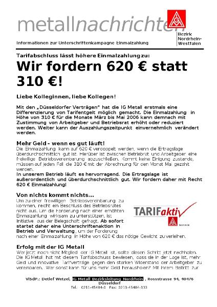 Flugblatt und Unterschriftenliste der IG Metall in NRW