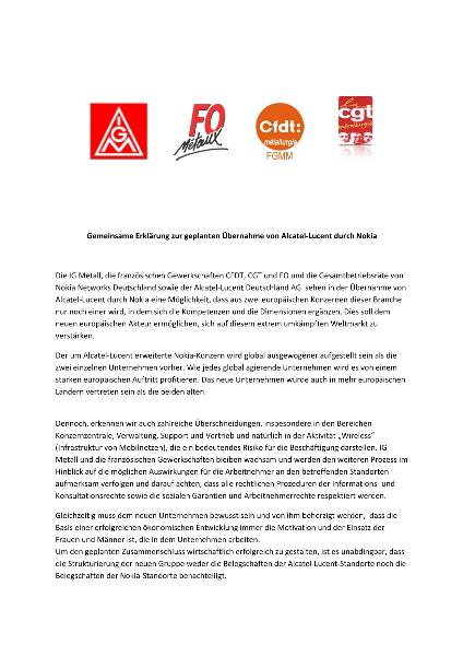 Erklärung zur geplanten Übernahme von Alcatel-Lucent durch Nokia