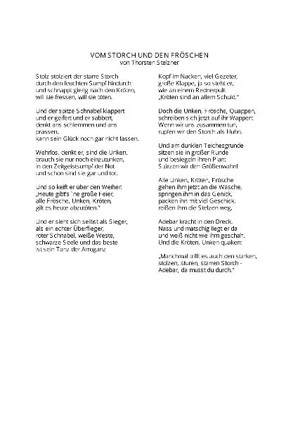 Gedicht von Thorsten Stelzner: Vom Storch und den Fröschen
