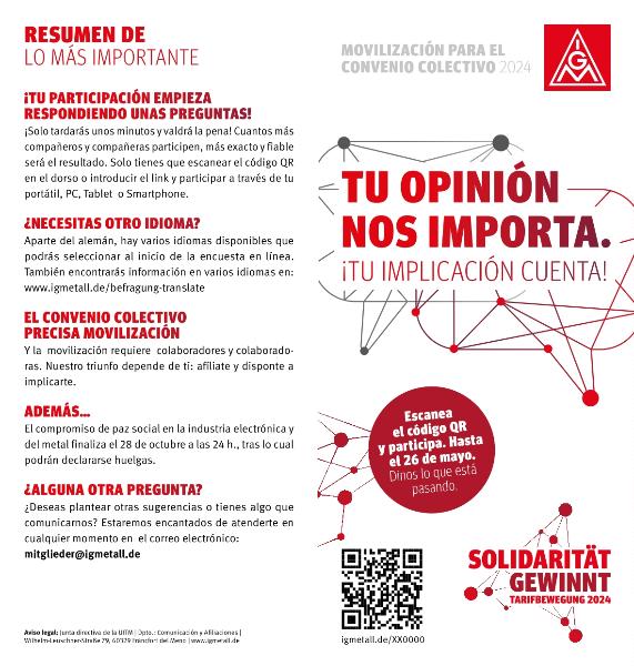 Flyer zur Befragung und Tarifbewegung ME 2024 - in spanischer Sprache