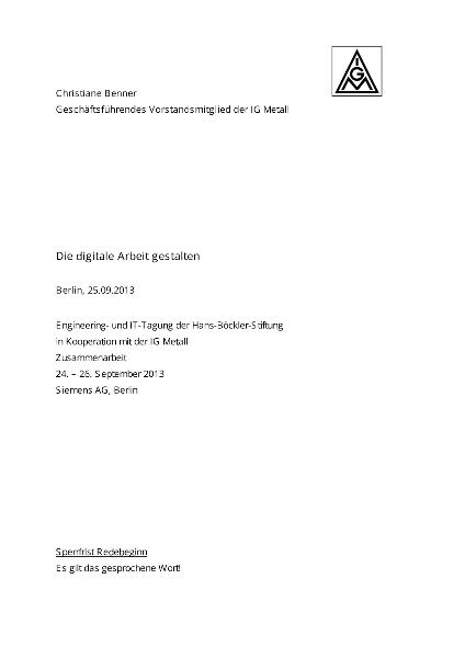 Christiane Benner: Die digitale Arbeit gestalten, Engineering- und IT-Tagung der IG Metall, Berlin, 25. September 2013