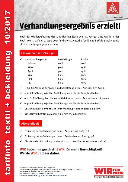 Verhandlungsergebnis erzielt!, Tarifinfo Textil + Bekleidung 10/2017