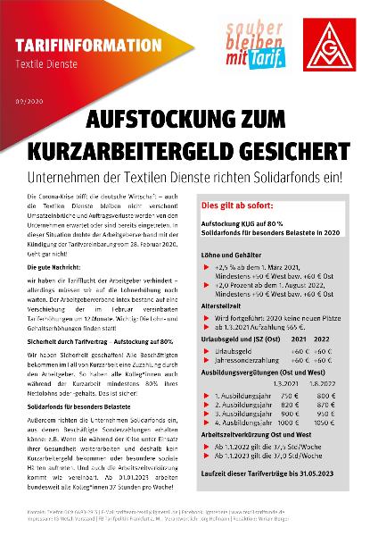 Aufstockung zum Kurzarbeitergeld gesichert. Unternehmen der Textilen Dienste richten Solidarfonds ein!, Tarifinformation Textile Dienste 09/2020