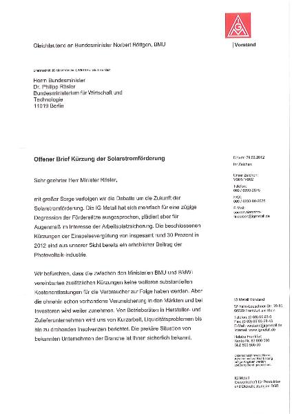 Offener Brief Kürzung der Solarstromförderung an die Bundesminister Rösler und Röttgen