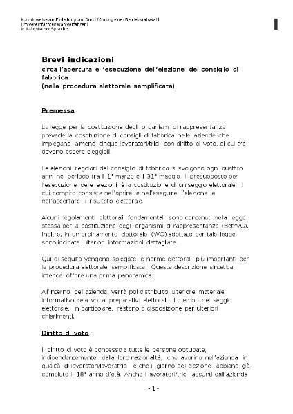 Brevi indicazioni (nella procedura elettorale semplificata), Hinweise - Einleitung und Durchführung der BRW - vereinfacht, italienisch
