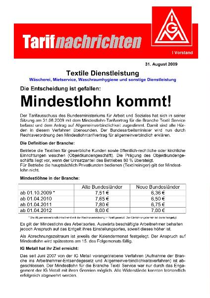 Tarifnachrichten Textile Dienstleistung: Mindestlohn kommt! (31. August 2009)