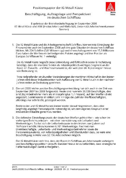 Schiffbau-Umfrage 2008: Positionspapier der IG Metall Küste
