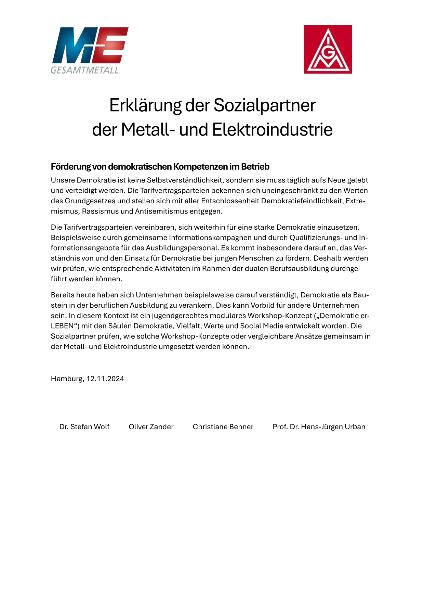 Erklärung der Sozialpartner der Metall- und Elektroindustrie