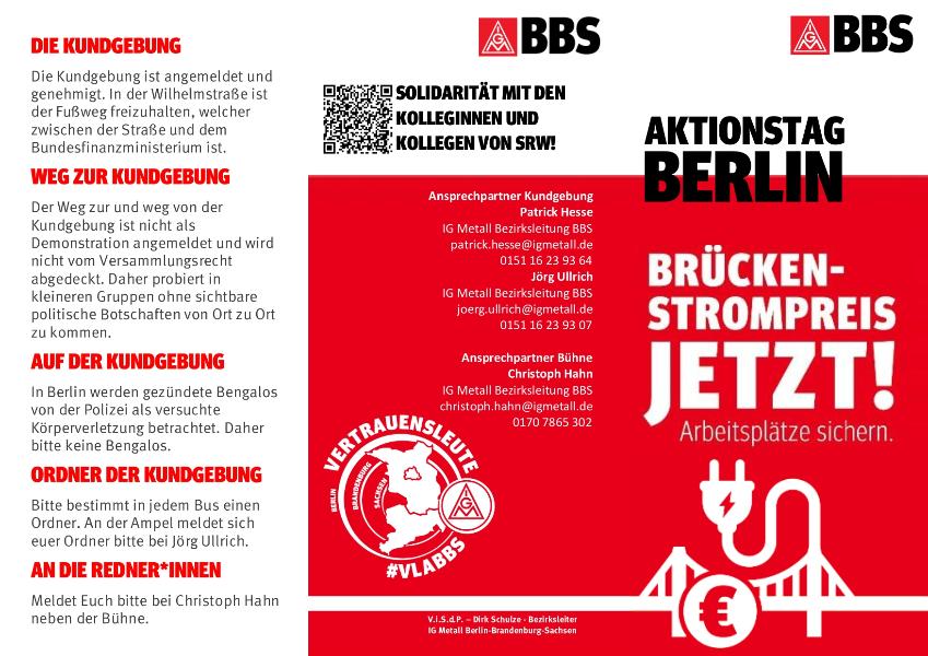 Aktionstag Berlin, Brückenstrompreis jetzt! Arbeitsplätze sichern.