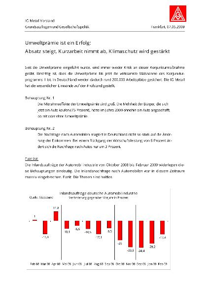 Umweltprämie ist ein Erfolg: Absatz steigt, Kurzarbeit nimmt ab, Klimaschutz wird gestärkt