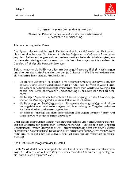 Für einen Neuen Generationenvertrag - Thesen der IG Metall für den Neuaufbau einer solidarischen und verlässlichen Alterssicherung