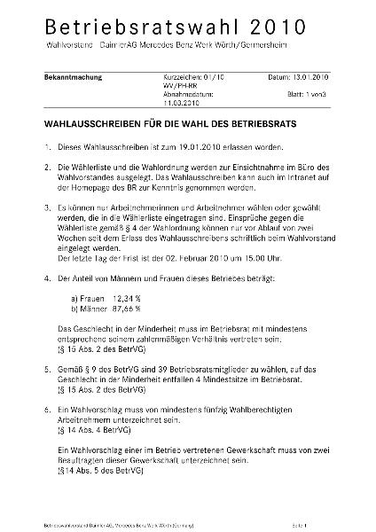 Betriebsratswahlen 2010 Diamler-Standort Woerth: Wahlausschreiben