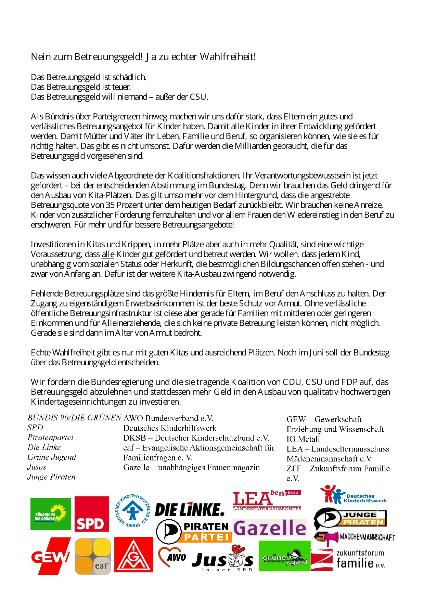 Bündnisaufruf: Nein zum Betreuungsgeld! Ja zu echter Wahlfreiheit!