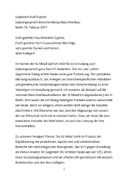 Statement von Ralf Kutzner, Spitzengespräch Branchendialog Maschinenbau, Berlin 10. Februar 2017