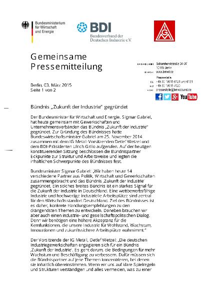 Gemeinsame Pressemitteilung des Bundesministeriums für Wirtschaft und Energie, des Bundesverbands der Deutschen Industrie e.V. und der IG Metall
