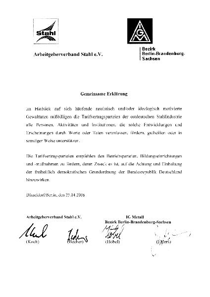 Gemeinsame Erklärung der Tarifvertragsparteien der ostdeutschen Stahlindustrie gegen Intoleranz, Rassismus und Gewalt. 8. Mai 2008