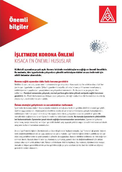 Corona-Prävention im Betrieb - das Wichtigste in Kürze in türkischer Sprache