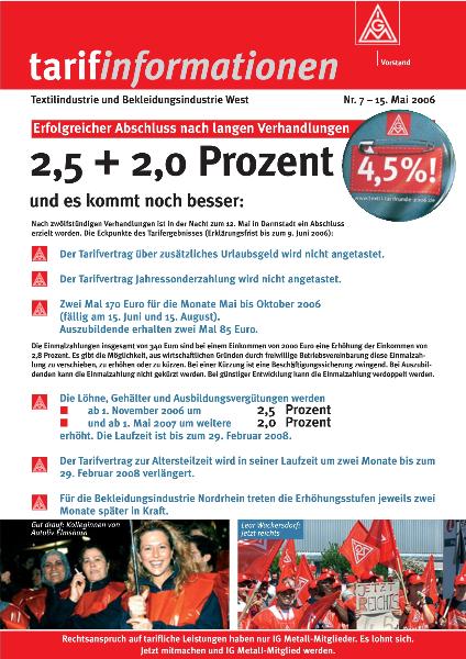 Tarifinformationen Textil-Bekleidung: 2,5 und 2,0 Prozent, Nr. 7 - 15. Mai 2006