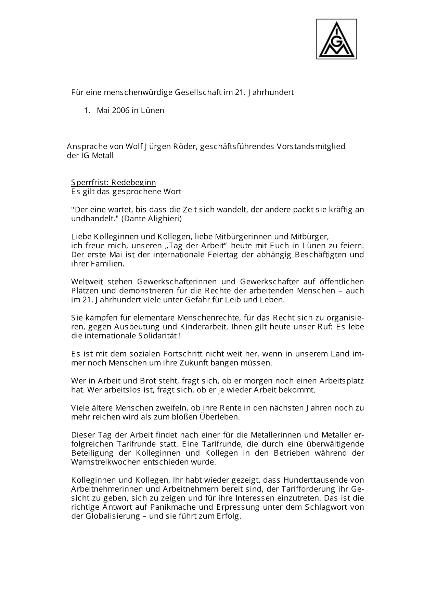 Röder, Wolf Jürgen: Für eine menschenwürdige Gesellschaft im 21. Jahrhundert - Rede am 01. Mai 2006 in Lünen