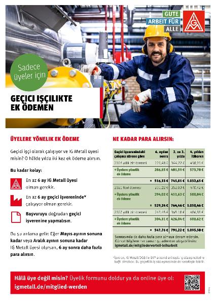 Der Vorteil für IG Metall-Mitglieder in Leiharbeit. Flugblatt in türkischer Sprache