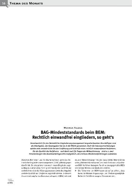 BAG-Mindeststandards beim BEM - Rechtlich einwandfrei eingliedern, Gute Arbeit 2/2011
