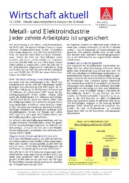 Wirtschaft aktuell 12/2008: Metall- und Elektroindustrie - Jeder zehnte Arbeitplatz ist ungesichert