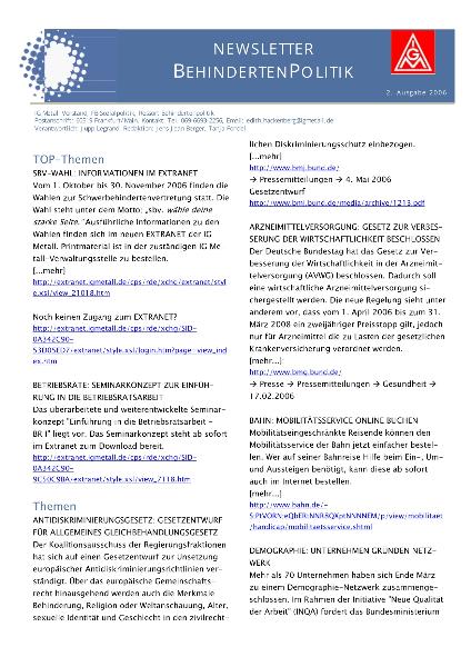 Newsletter Behindertenpolitik Nr. 2/2006