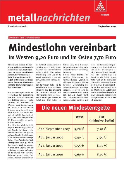 Metallnachrichten Elektrohandwerk: Mindestlohn vereinbart (September 2007)