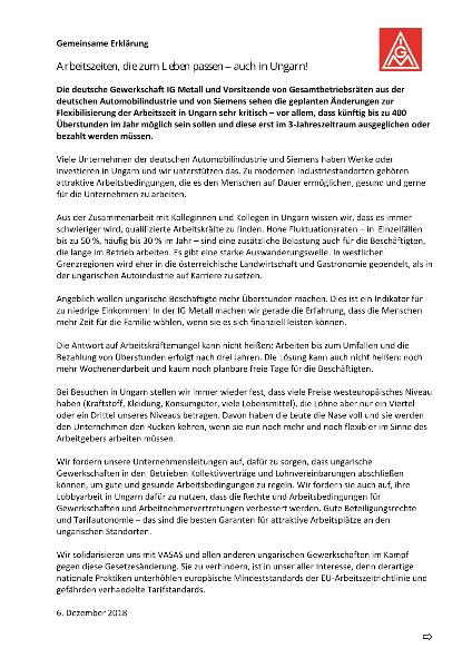 Gemeinsame Erklärung: Arbeitszeiten, die zum Leben passen – auch in Ungarn!
