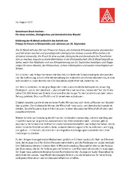 Gemeinsam Druck machen – Für einen sozialen, ökologischen und demokratischen Wandel. Erklärung der IG Metall anlässlich des Aufrufs von Fridays for Future zu Klimastreiks und -aktionen am 20. September