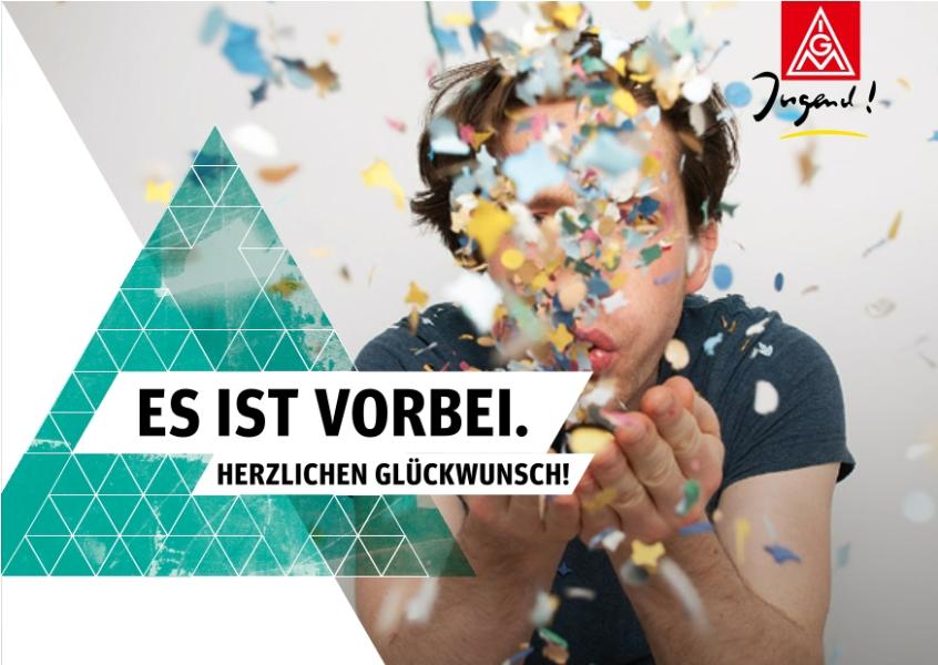Postkarte: Es ist vorbei. Herzlichen Glückwunsch! (Motiv Konfetti)
