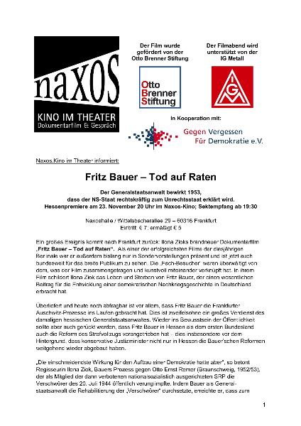 Fritz Bauer - Tod auf Raten, Einladung zur Filmpremiere im Naxos-Kino