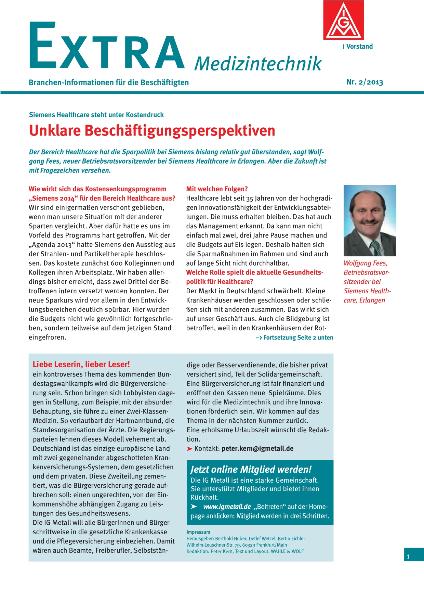 Siemens Healthcare unter Kostendruck: Unklare Beschäftigungsperspektiven. Extra Medizintechnik Nr. 2/2013