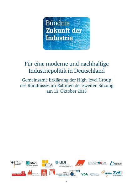 Gemeinsame Erklärung der High Level Group des Bündnisses Zukunft der Industrie