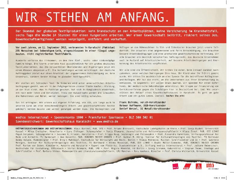 Wir stehen am Anfang. Anzeige vom 11. September 2014 in der 