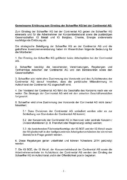 Gewerkschaften und Schaeffler KG unterzeichnen gemeinsame Erklärung