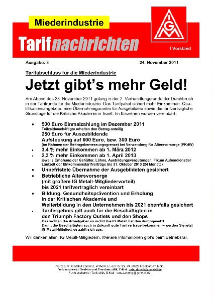 Tarifabschluss für die Miederinsutrie. 24. November 2011