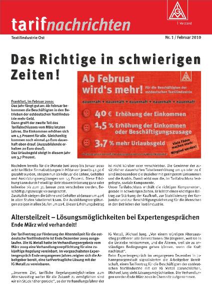 Das Richtige in schwierigen Zeiten! tarifnachrichten Textilindustrie Ost, Februar 2010