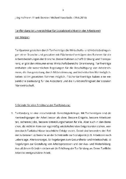 Jörg Hofmann / Frank Bsirske / Michael Vassiliadis: Tarifbindung ist unverzichtbar für Sozialstaatlichkeit in der Arbeitswelt von Morgen, 7. Zukunftsgespräch in Meseburg, 23. Juni 2016