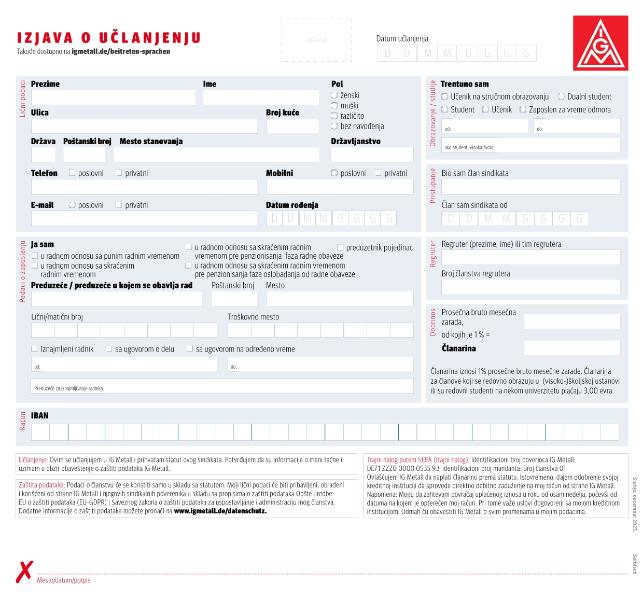 Editierbare IG Metall-Beitrittserklärung in serbischer Sprache
