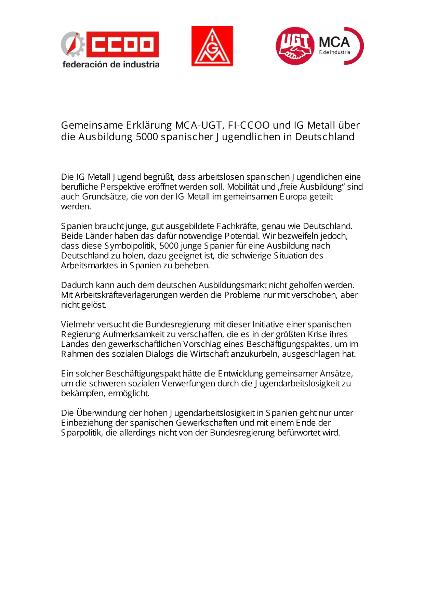 Gemeinsame Erklärung MCA-UGT, FI-CCOO und IG Metall über die Ausbildung 5000 spanischer Jugendlichen in Deutschland, Frankfurt/Main, 29. Juni 2013