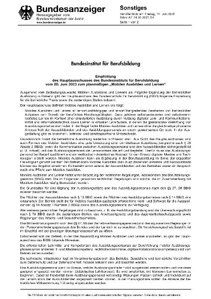 BIBB Hauptausschuss Empfehlung 179 -  Mobiles ausbilden