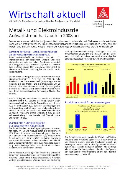 Wirtschaft aktuell 20/2007: Metall- und Elektroindustrie - Aufwärtstrend hält auch in 2008 an
