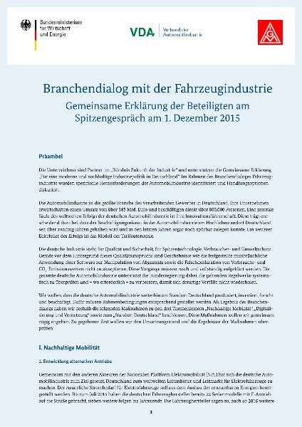Branchendialog mit der Fahrzeugindustrie, Gemeinsame Erklärung der Beteiligten am Spitzengespräch am 1. Dezember 2015